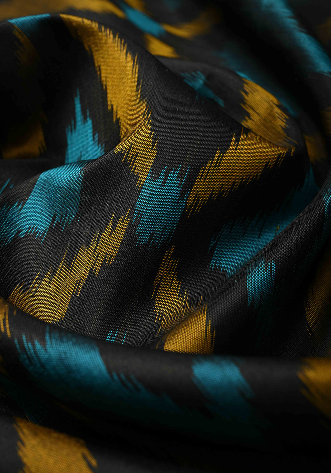 Black fusion Ikkat Kanjivaram Soft Silk Saree with Geometric Jaal and Contrast Zari Border | SILK MARK CERTIFIED