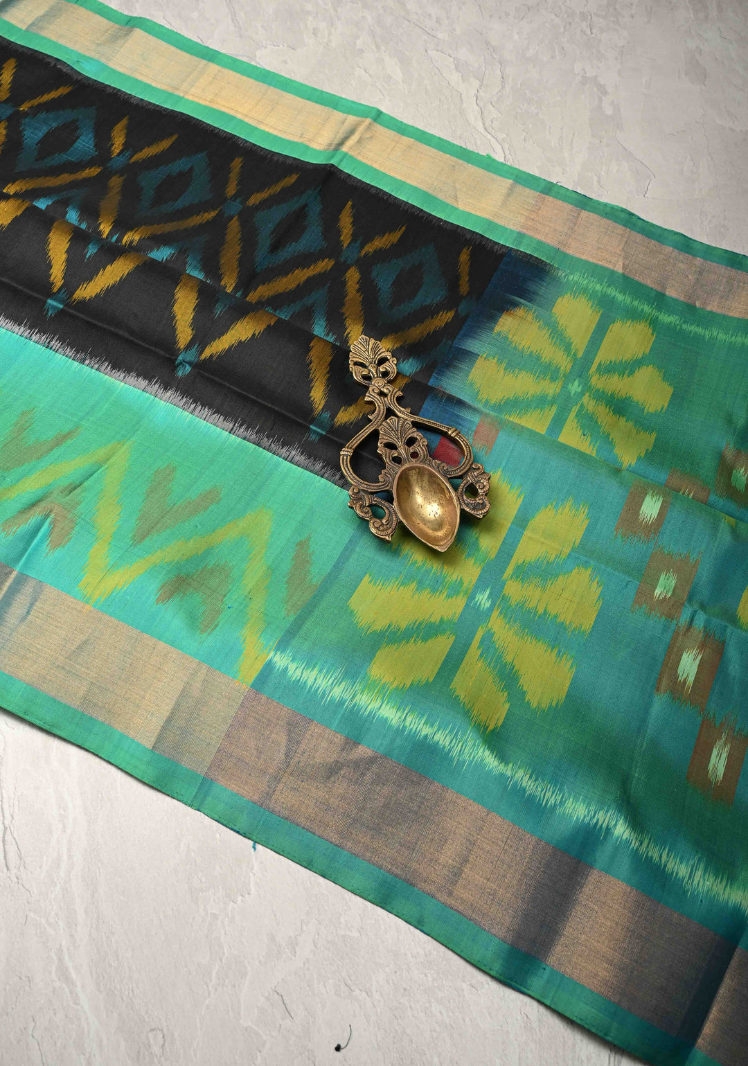 Black fusion Ikkat Kanjivaram Soft Silk Saree with Geometric Jaal and Contrast Zari Border | SILK MARK CERTIFIED