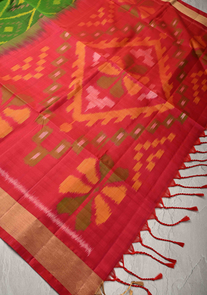 Parrot Green Fusion Ikkat Kanjivaram Soft Silk Saree with Geometric Jaal and Tissue Border | SILK MARK CERTIFIED