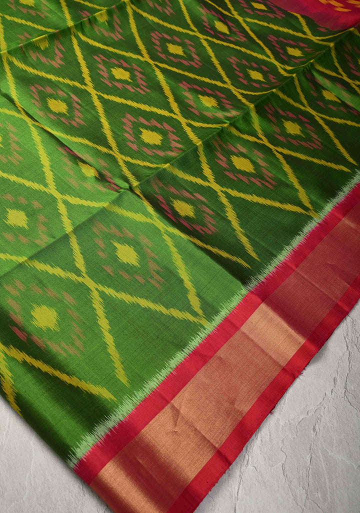 Parrot Green Fusion Ikkat Kanjivaram Soft Silk Saree with Geometric Jaal and Tissue Border | SILK MARK CERTIFIED