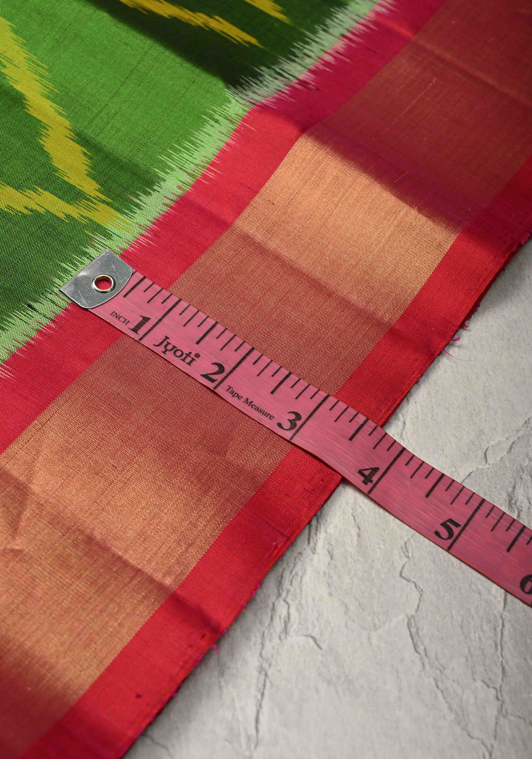 Parrot Green Fusion Ikkat Kanjivaram Soft Silk Saree with Geometric Jaal and Tissue Border | SILK MARK CERTIFIED