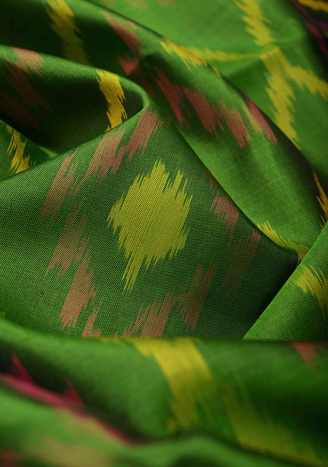 Parrot Green Fusion Ikkat Kanjivaram Soft Silk Saree with Geometric Jaal and Tissue Border | SILK MARK CERTIFIED