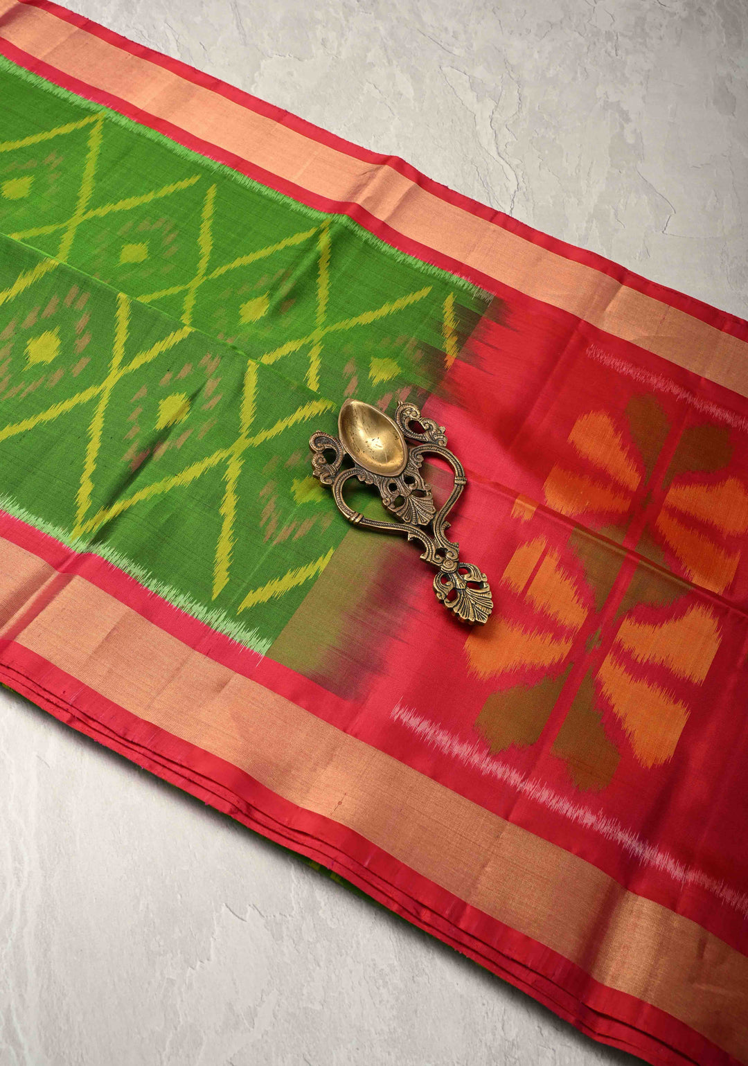 Parrot Green Fusion Ikkat Kanjivaram Soft Silk Saree with Geometric Jaal and Tissue Border | SILK MARK CERTIFIED
