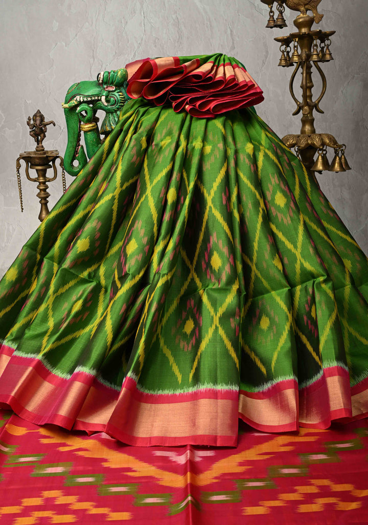 Parrot Green Fusion Ikkat Kanjivaram Soft Silk Saree with Geometric Jaal and Tissue Border | SILK MARK CERTIFIED