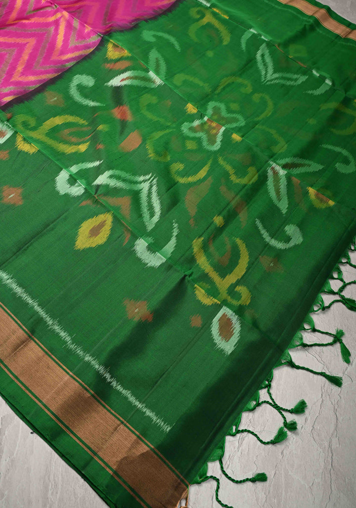 Fuschia Pink fusion Ikkat Kanjivaram Soft Silk Saree with Chevron Pattern and Contrast Temple Zari Border | SILK MARK CERTIFIED