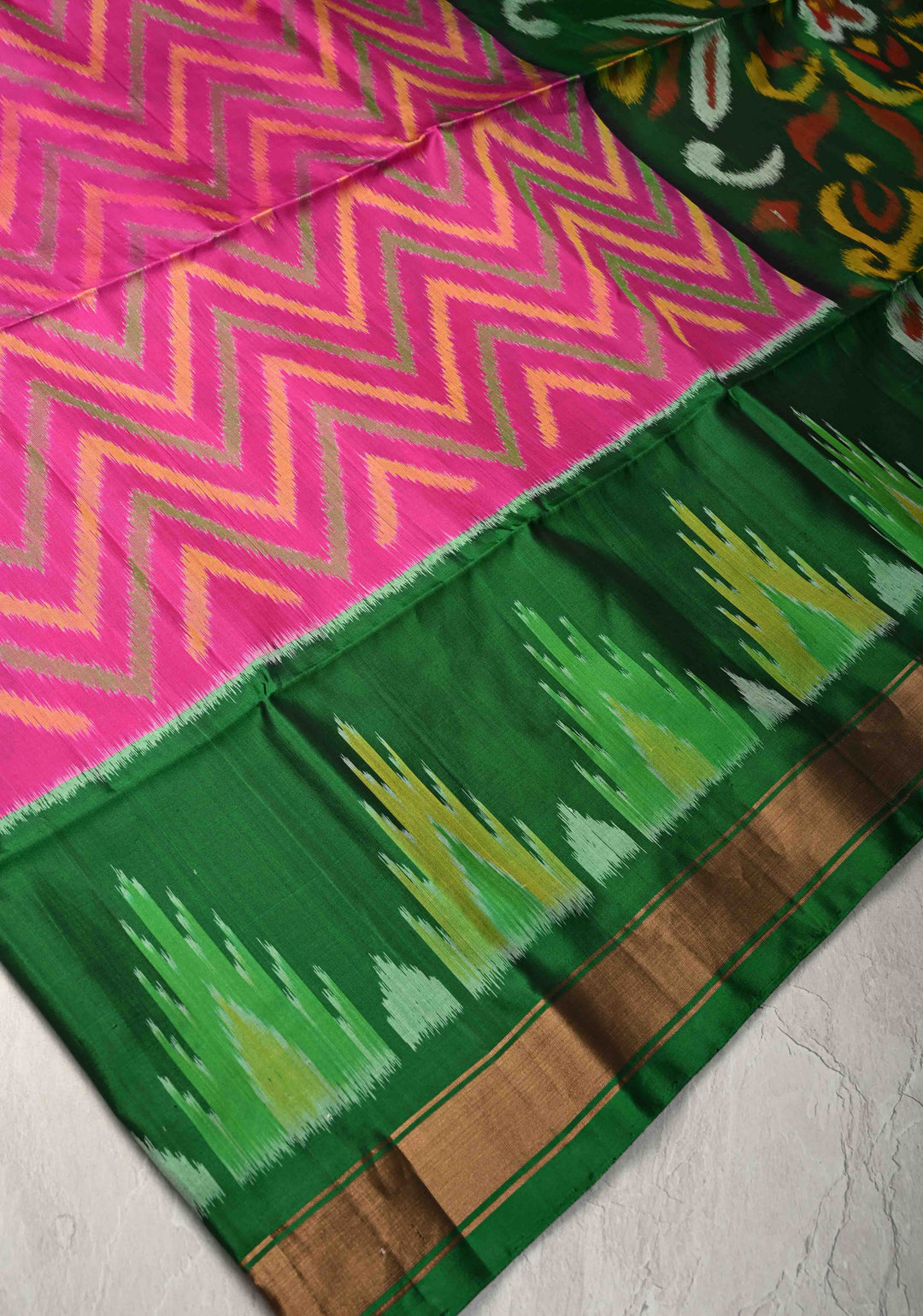 Fuschia Pink fusion Ikkat Kanjivaram Soft Silk Saree with Chevron Pattern and Contrast Temple Zari Border | SILK MARK CERTIFIED