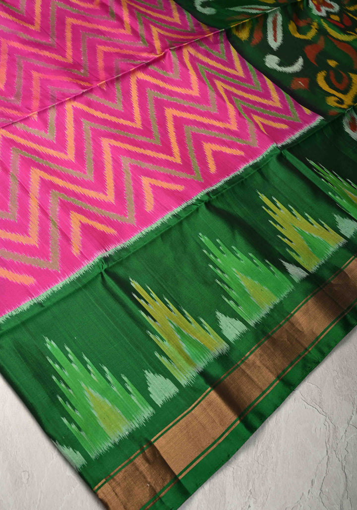 Fuschia Pink fusion Ikkat Kanjivaram Soft Silk Saree with Chevron Pattern and Contrast Temple Zari Border | SILK MARK CERTIFIED