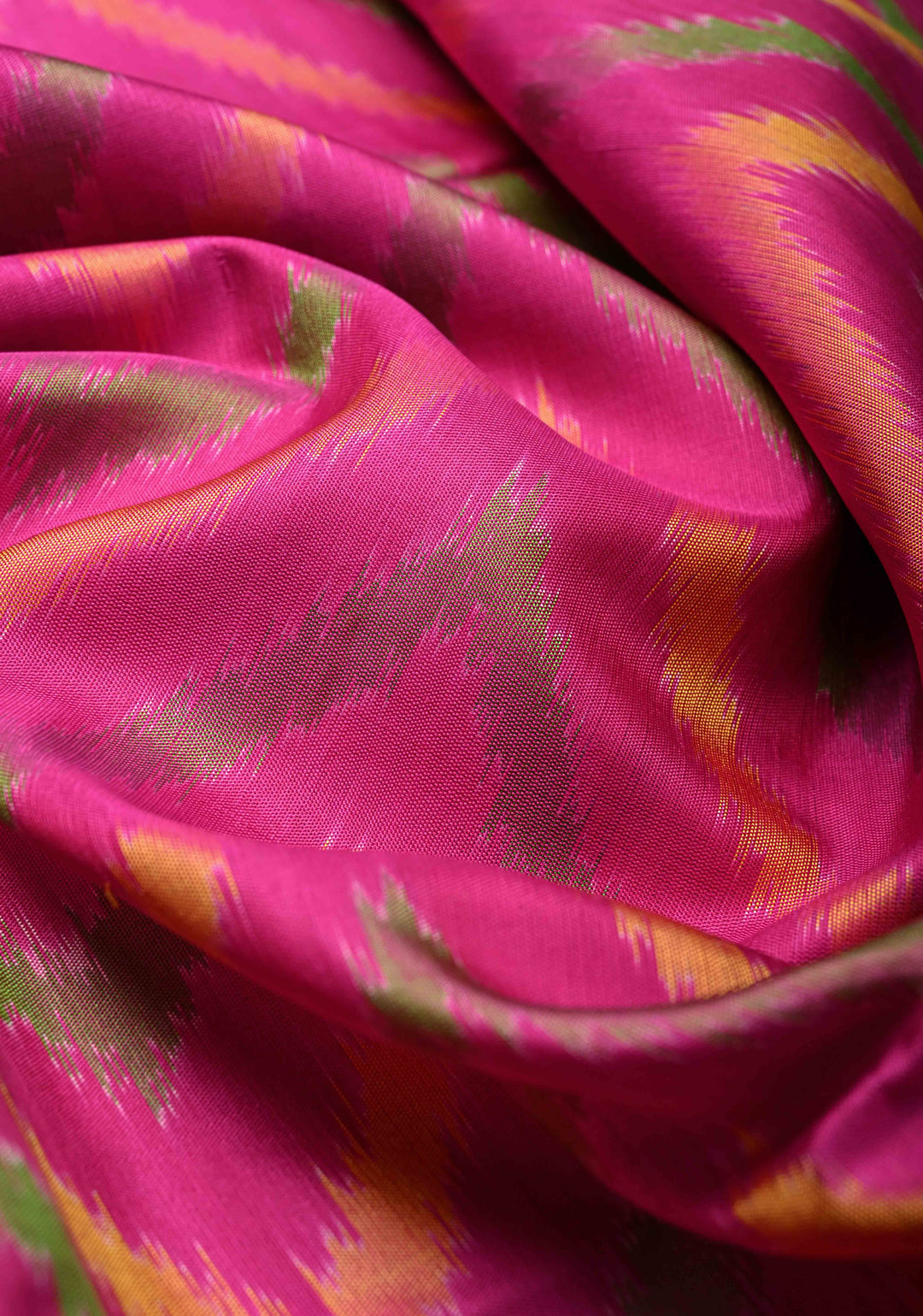 Fuschia Pink fusion Ikkat Kanjivaram Soft Silk Saree with Chevron Pattern and Contrast Temple Zari Border | SILK MARK CERTIFIED
