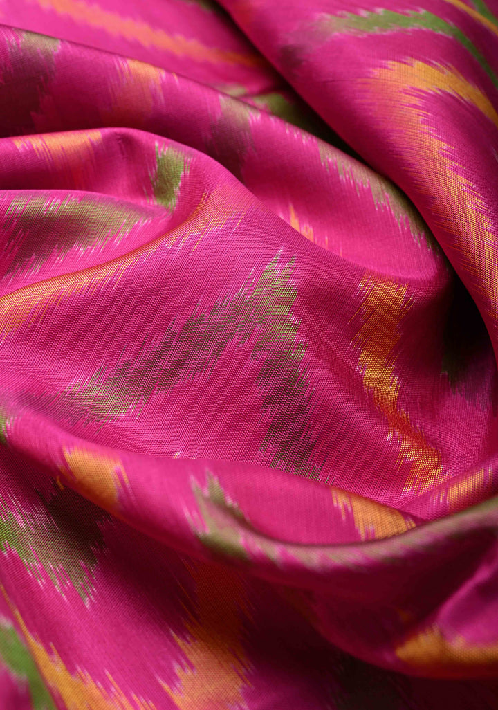 Fuschia Pink fusion Ikkat Kanjivaram Soft Silk Saree with Chevron Pattern and Contrast Temple Zari Border | SILK MARK CERTIFIED