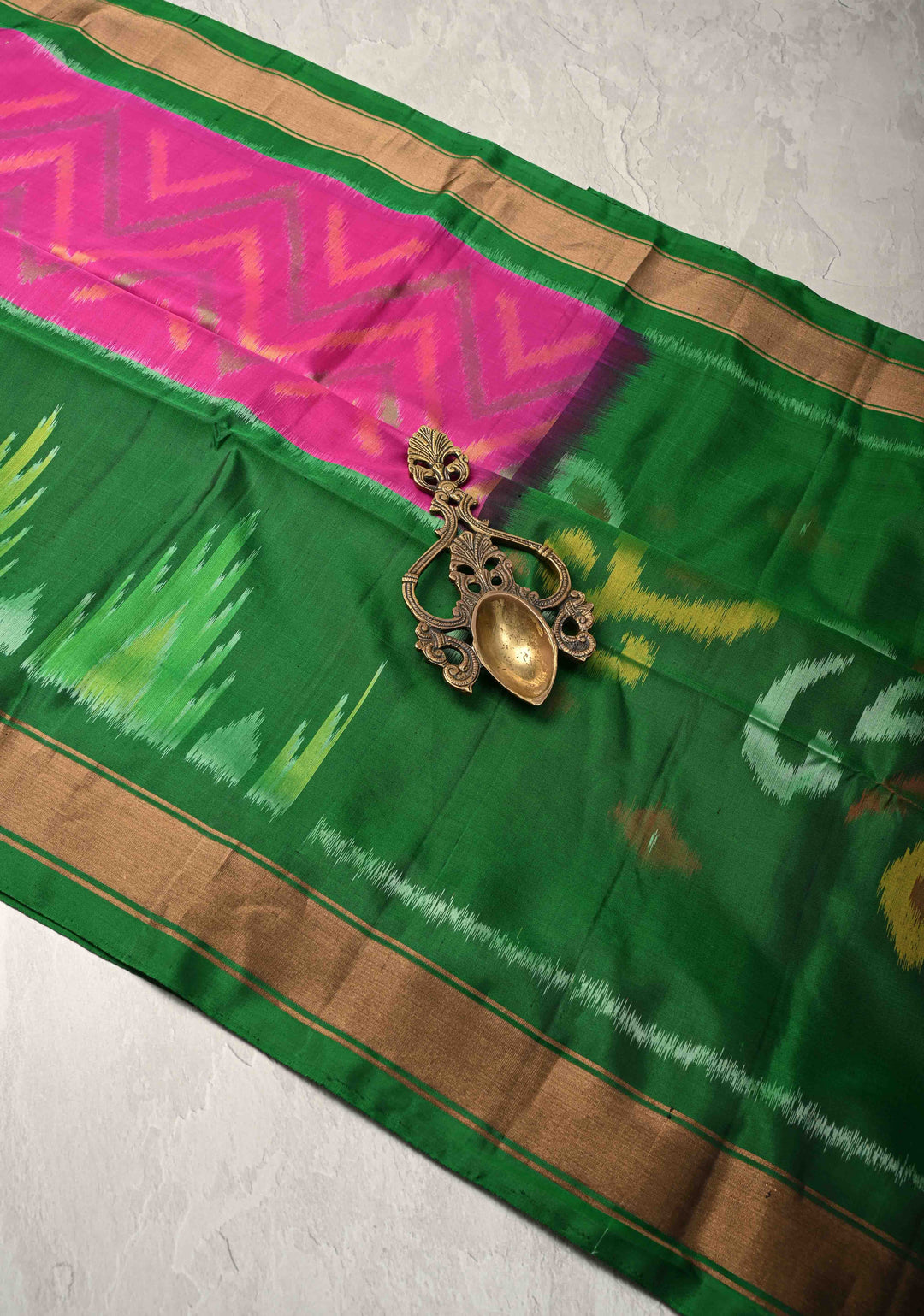 Fuschia Pink fusion Ikkat Kanjivaram Soft Silk Saree with Chevron Pattern and Contrast Temple Zari Border | SILK MARK CERTIFIED