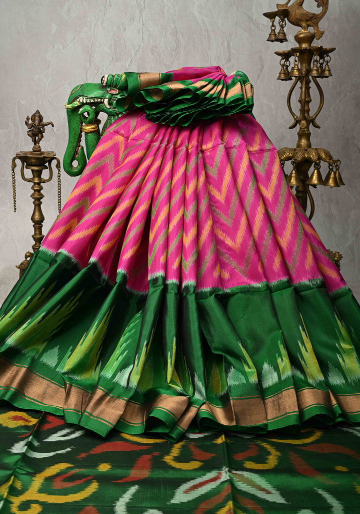 Fuschia Pink fusion Ikkat Kanjivaram Soft Silk Saree with Chevron Pattern and Contrast Temple Zari Border | SILK MARK CERTIFIED