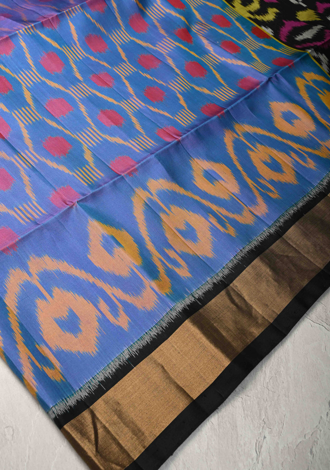 Periwinkle fusion Ikkat Kanjivaram Soft Silk Saree with Geometric and Contrast Zari Border | SILK MARK CERTIFIED