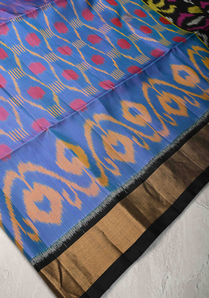 Periwinkle fusion Ikkat Kanjivaram Soft Silk Saree with Geometric and Contrast Zari Border | SILK MARK CERTIFIED