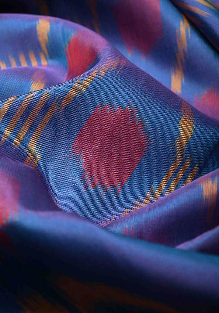 Periwinkle fusion Ikkat Kanjivaram Soft Silk Saree with Geometric and Contrast Zari Border | SILK MARK CERTIFIED