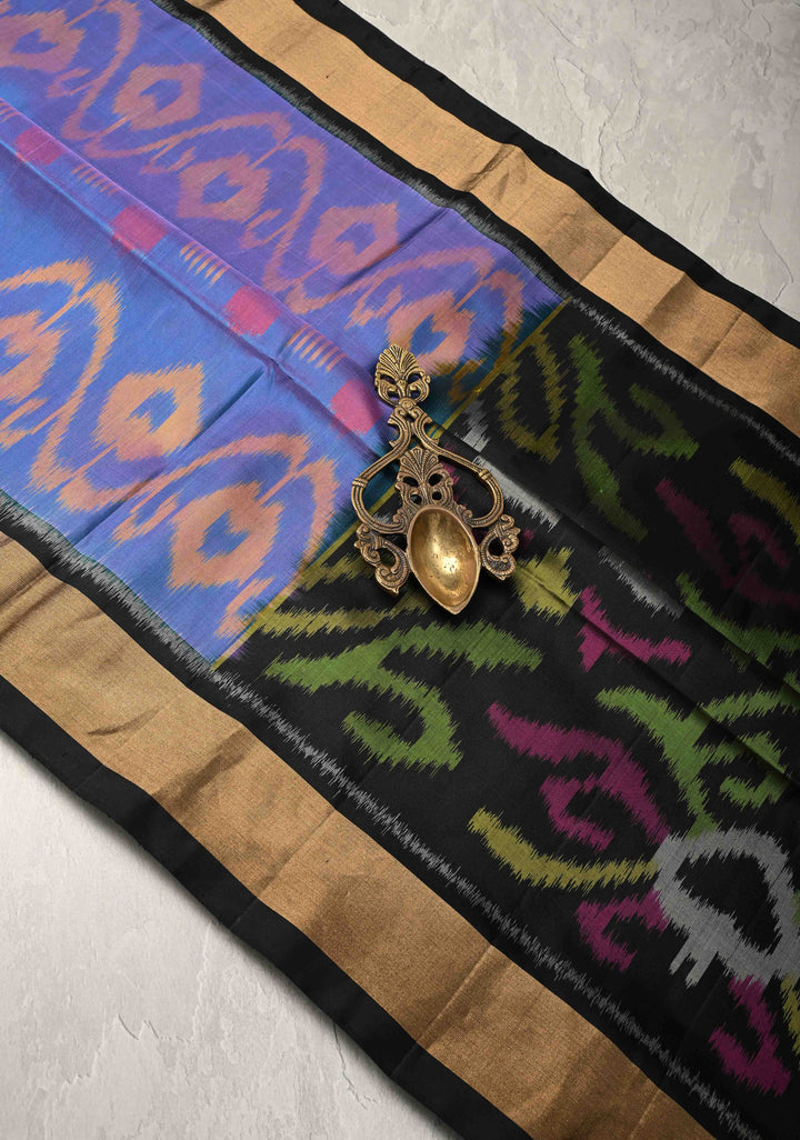 Periwinkle fusion Ikkat Kanjivaram Soft Silk Saree with Geometric and Contrast Zari Border | SILK MARK CERTIFIED