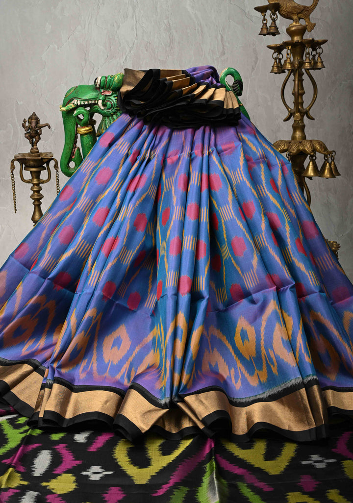 Periwinkle fusion Ikkat Kanjivaram Soft Silk Saree with Geometric and Contrast Zari Border | SILK MARK CERTIFIED