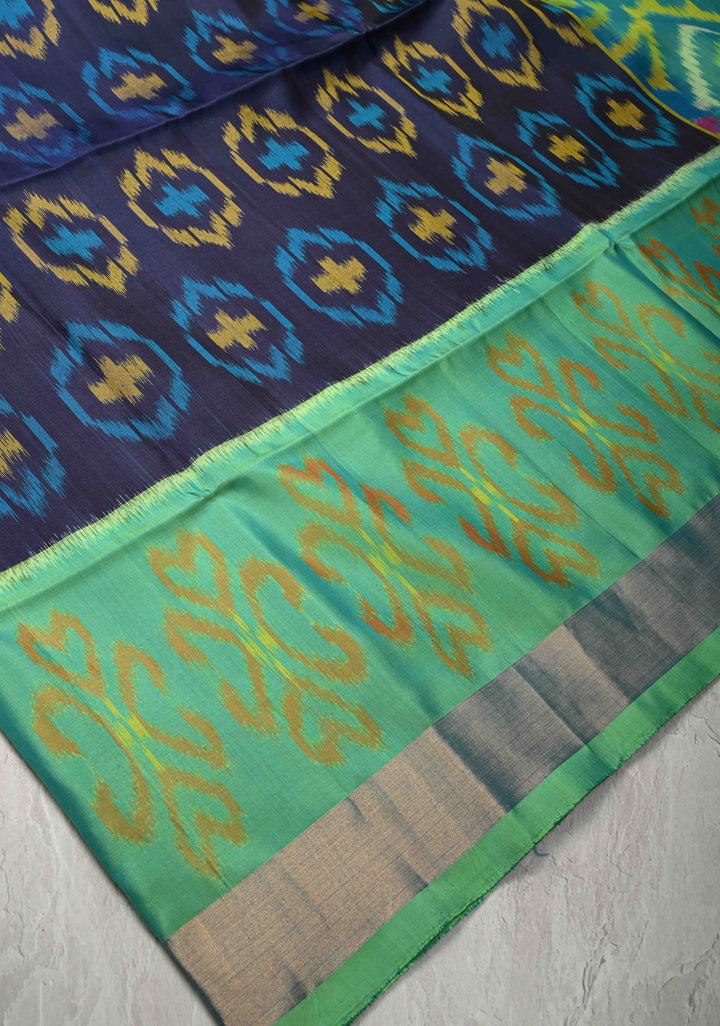 Midnight Blue fusion Ikkat Kanjivaram Soft Silk Saree with Panel Design and Tissue Border | SILK MARK CERTIFIED