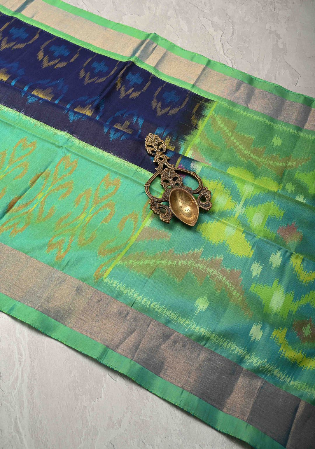 Midnight Blue fusion Ikkat Kanjivaram Soft Silk Saree with Panel Design and Tissue Border | SILK MARK CERTIFIED