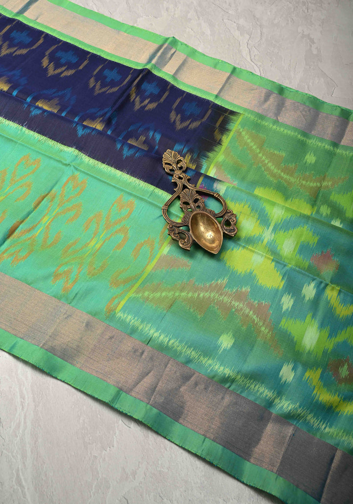 Midnight Blue fusion Ikkat Kanjivaram Soft Silk Saree with Panel Design and Tissue Border | SILK MARK CERTIFIED