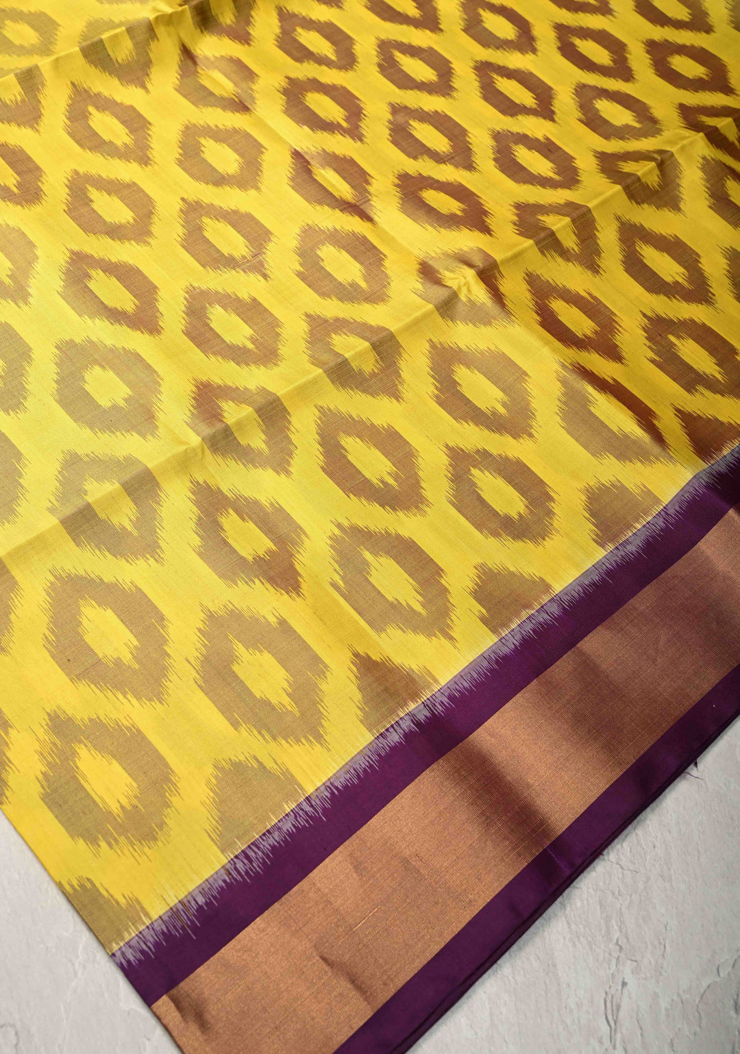 Yellow Fusion Ikkat Kanjivaram Soft Silk Saree with Geometric Barcode  and Tissue Border | SILK MARK CERTIFIED
