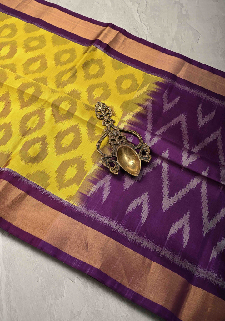 Yellow Fusion Ikkat Kanjivaram Soft Silk Saree with Geometric Barcode  and Tissue Border | SILK MARK CERTIFIED
