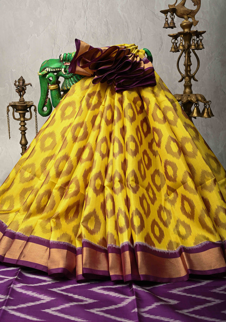 Yellow Fusion Ikkat Kanjivaram Soft Silk Saree with Geometric Barcode  and Tissue Border | SILK MARK CERTIFIED