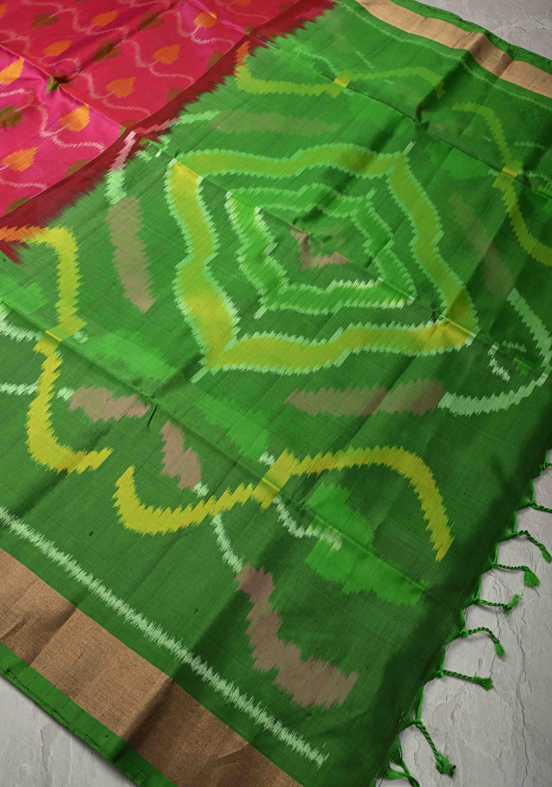 Dark Pink fusion Ikkat Kanjivaram Soft Silk Saree with Panel Design and Tissue Border | SILK MARK CERTIFIED