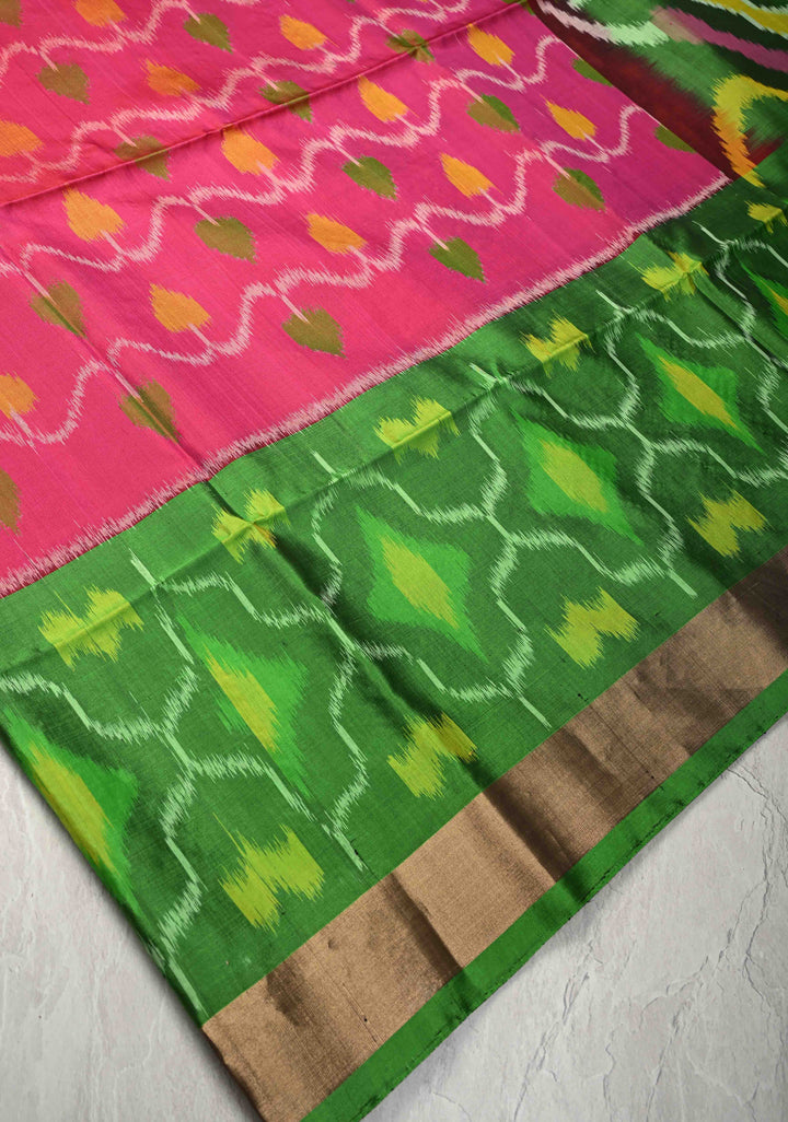 Dark Pink fusion Ikkat Kanjivaram Soft Silk Saree with Panel Design and Tissue Border | SILK MARK CERTIFIED