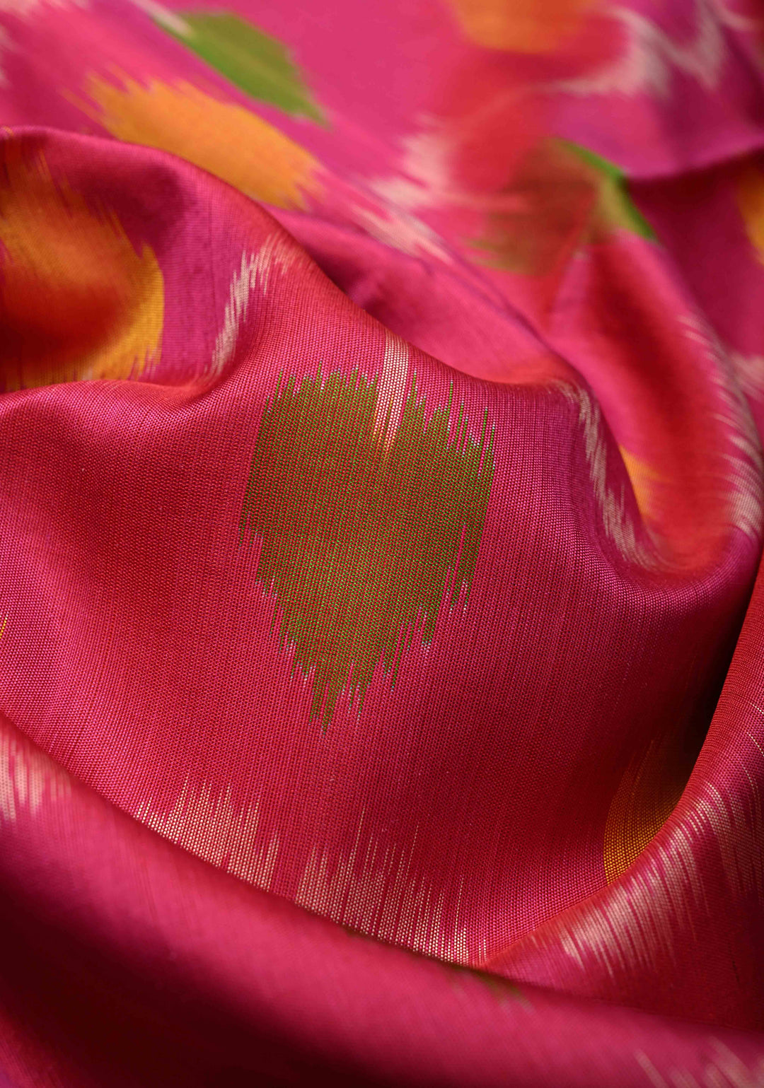 Dark Pink fusion Ikkat Kanjivaram Soft Silk Saree with Panel Design and Tissue Border | SILK MARK CERTIFIED