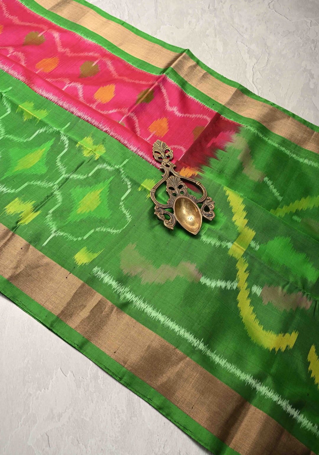 Dark Pink fusion Ikkat Kanjivaram Soft Silk Saree with Panel Design and Tissue Border | SILK MARK CERTIFIED