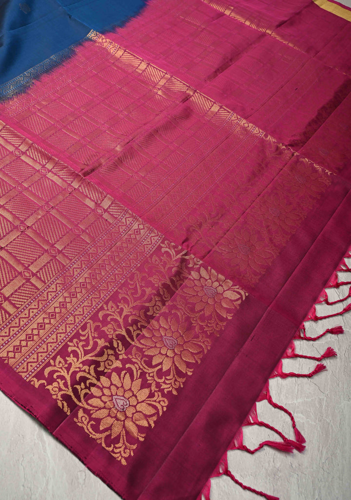 Prussian Blue Kanjivaram Soft Silk Saree with Floral Zari Buttas and Contrast Zari Border | SILK MARK CERTIFIED