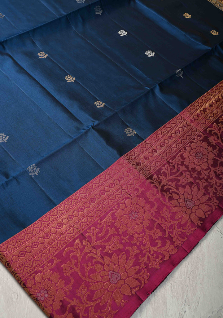Prussian Blue Kanjivaram Soft Silk Saree with Floral Zari Buttas and Contrast Zari Border | SILK MARK CERTIFIED