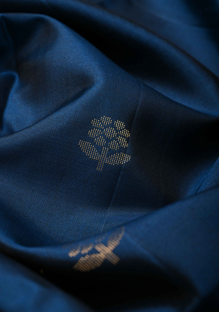 Prussian Blue Kanjivaram Soft Silk Saree with Floral Zari Buttas and Contrast Zari Border | SILK MARK CERTIFIED
