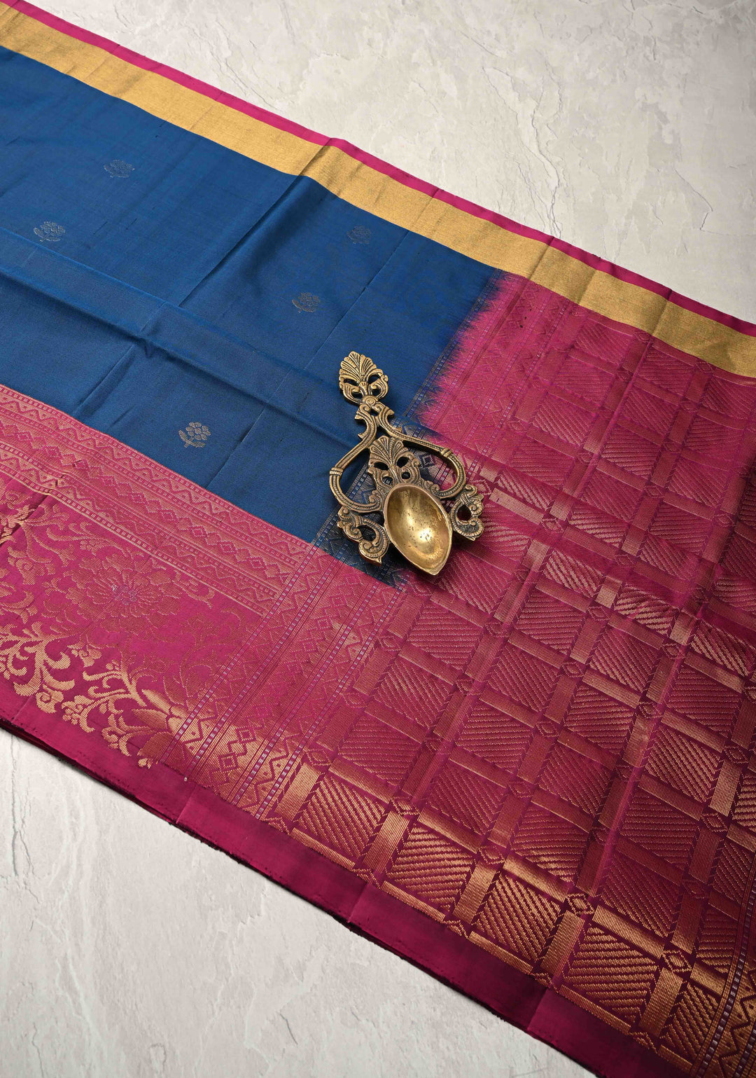 Prussian Blue Kanjivaram Soft Silk Saree with Floral Zari Buttas and Contrast Zari Border | SILK MARK CERTIFIED