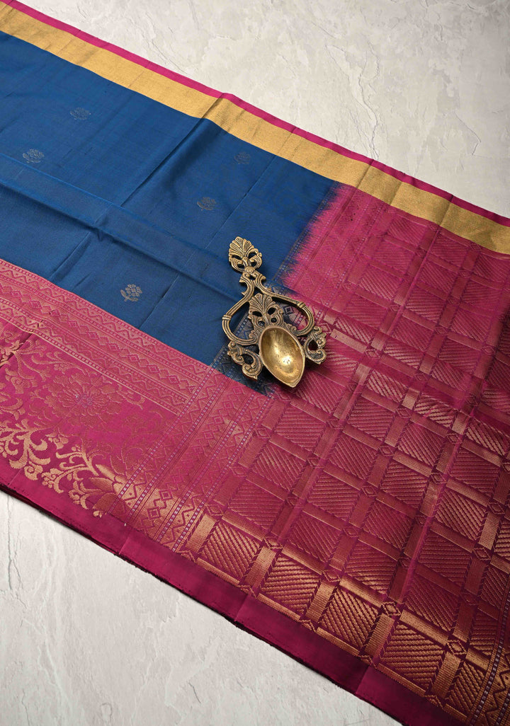 Prussian Blue Kanjivaram Soft Silk Saree with Floral Zari Buttas and Contrast Zari Border | SILK MARK CERTIFIED