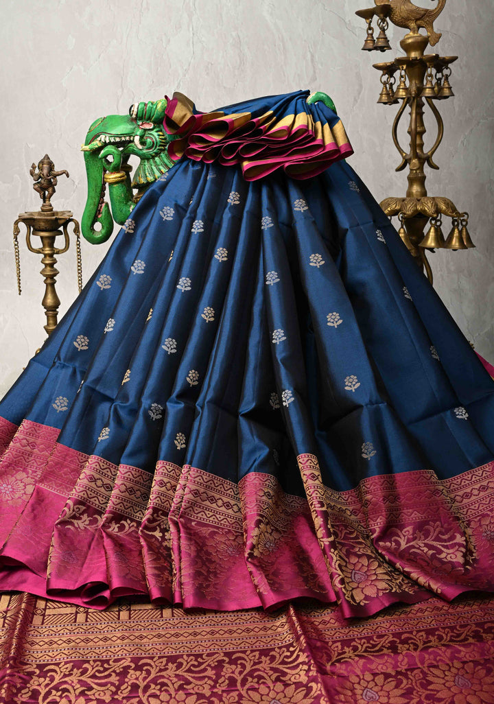 Prussian Blue Kanjivaram Soft Silk Saree with Floral Zari Buttas and Contrast Zari Border | SILK MARK CERTIFIED