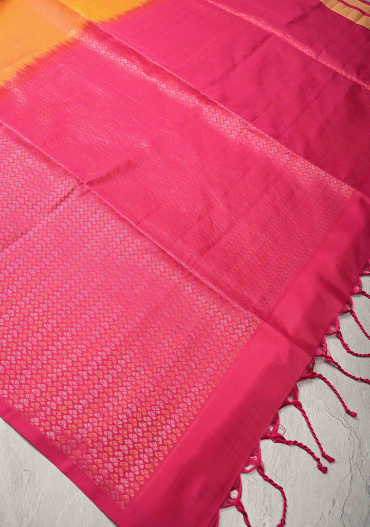 Orange Dual Tone Kanjivaram Soft Silk Saree with Zari Buttas and Contrast Jari Border | SILK MARK CERTIFIED