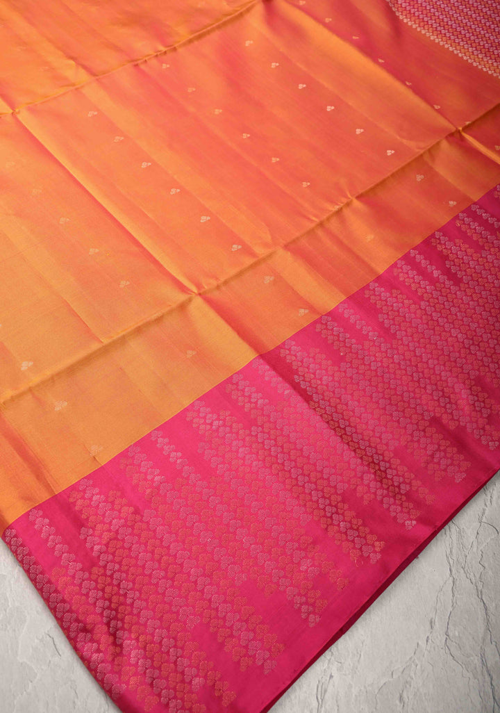 Orange Dual Tone Kanjivaram Soft Silk Saree with Zari Buttas and Contrast Jari Border | SILK MARK CERTIFIED