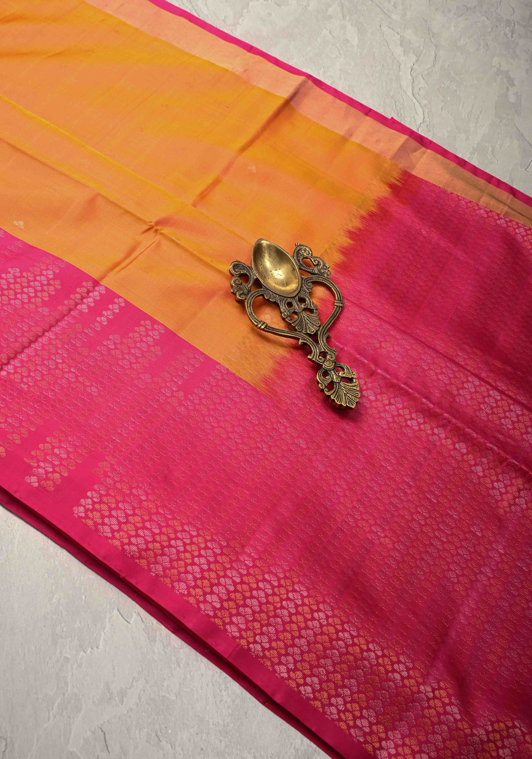 Orange Dual Tone Kanjivaram Soft Silk Saree with Zari Buttas and Contrast Jari Border | SILK MARK CERTIFIED