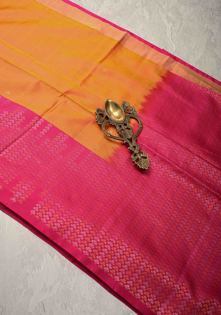 Orange Dual Tone Kanjivaram Soft Silk Saree with Zari Buttas and Contrast Jari Border | SILK MARK CERTIFIED