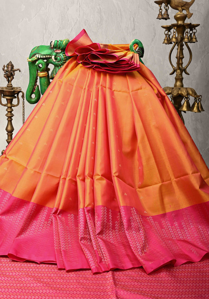 Orange Dual Tone Kanjivaram Soft Silk Saree with Zari Buttas and Contrast Jari Border | SILK MARK CERTIFIED