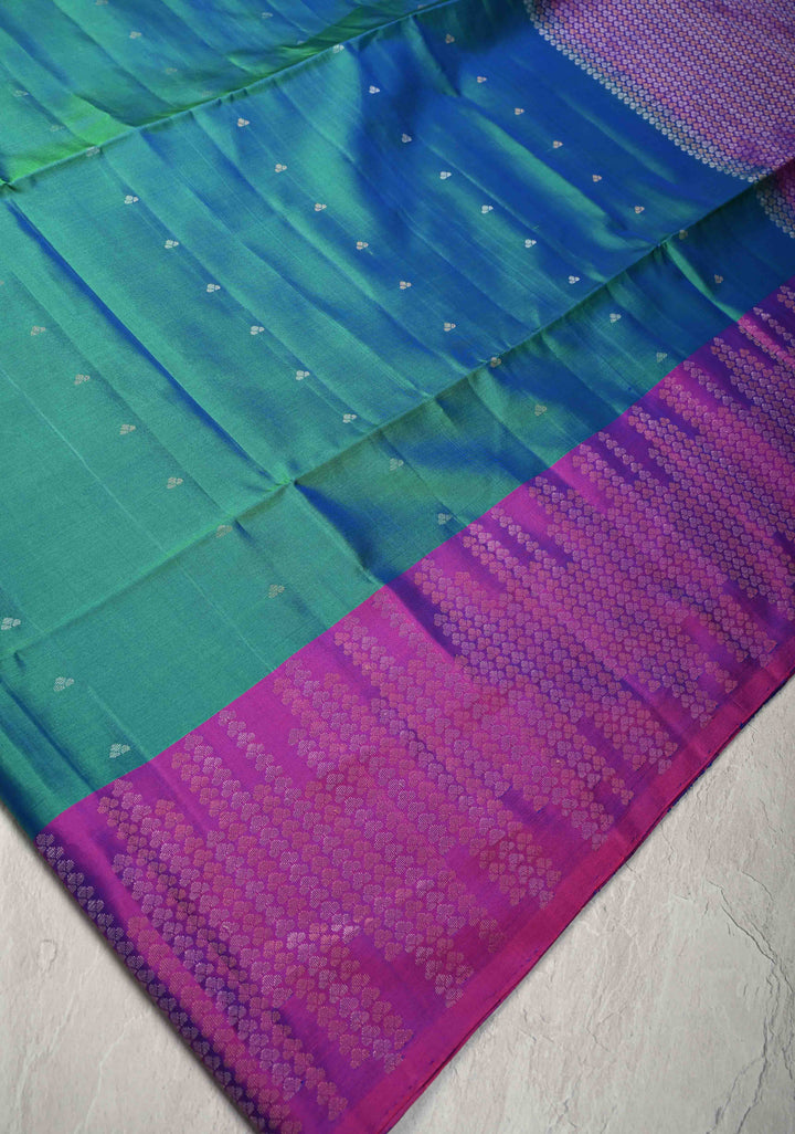 Peacock Blue Dual tone Kanjivaram Soft Silk Saree with Zari Buttis and Contrast Zari Border | SILK MARK CERTIFIED