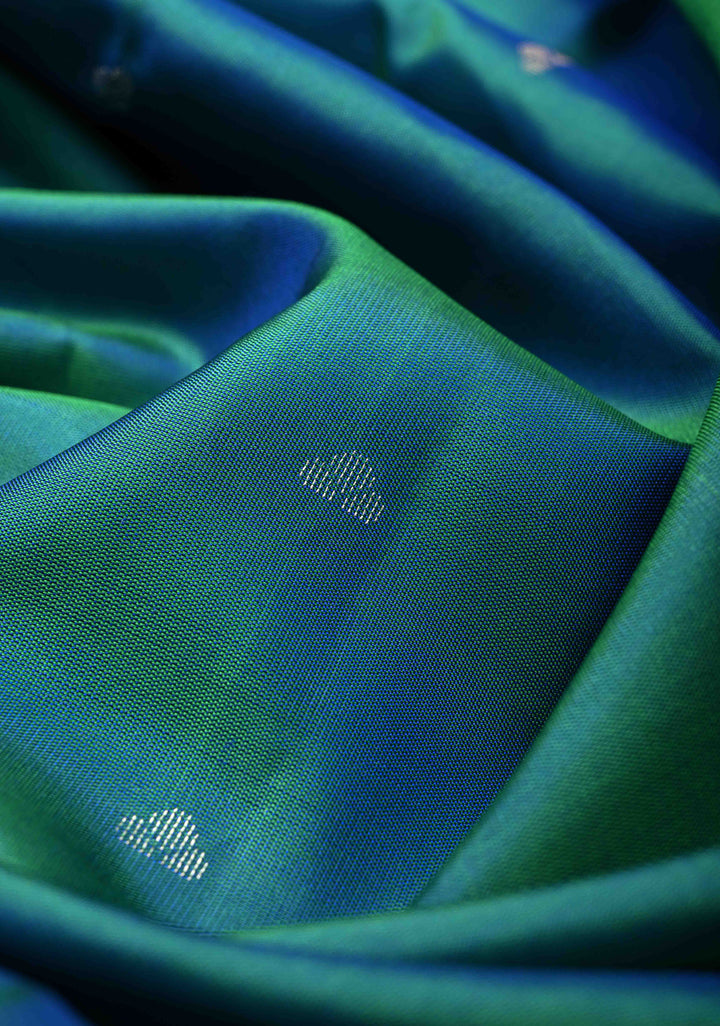 Peacock Blue Dual tone Kanjivaram Soft Silk Saree with Zari Buttis and Contrast Zari Border | SILK MARK CERTIFIED