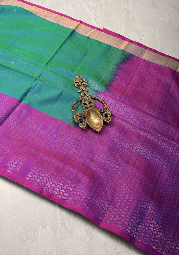 Peacock Blue Dual tone Kanjivaram Soft Silk Saree with Zari Buttis and Contrast Zari Border | SILK MARK CERTIFIED