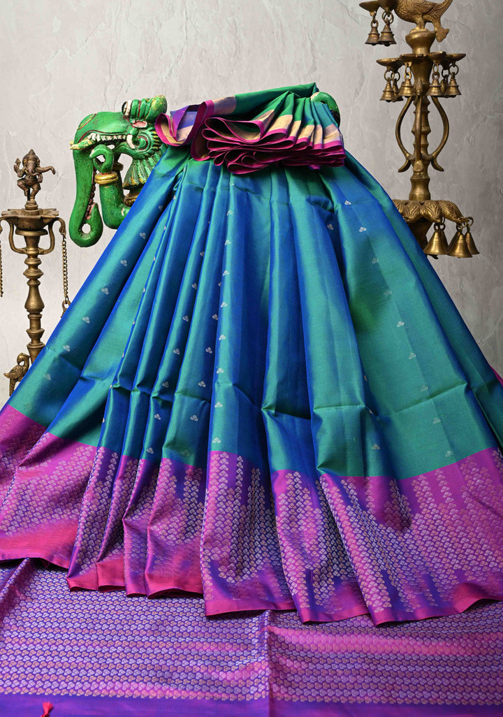 Peacock Blue Dual tone Kanjivaram Soft Silk Saree with Zari Buttis and Contrast Zari Border | SILK MARK CERTIFIED