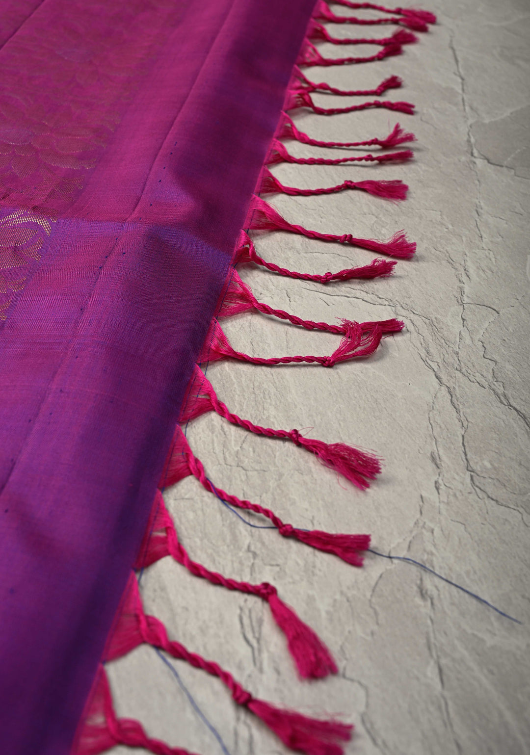 Peacock Blue Green Dual tone Kanjivaram Soft Silk Saree with Resham Buttas and Contrast Purple Border | SILK MARK CERTIFIED