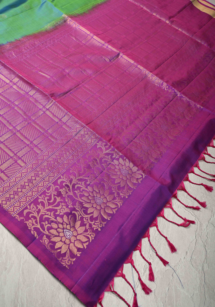 Peacock Blue Green Dual tone Kanjivaram Soft Silk Saree with Resham Buttas and Contrast Purple Border | SILK MARK CERTIFIED