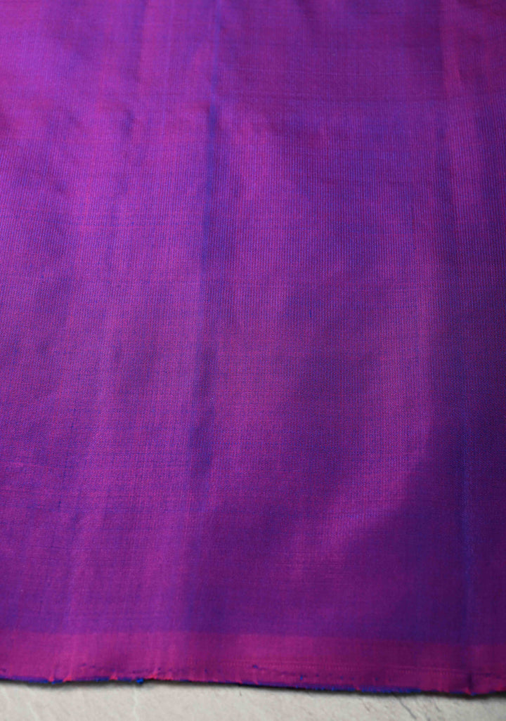 Peacock Blue Green Dual tone Kanjivaram Soft Silk Saree with Resham Buttas and Contrast Purple Border | SILK MARK CERTIFIED