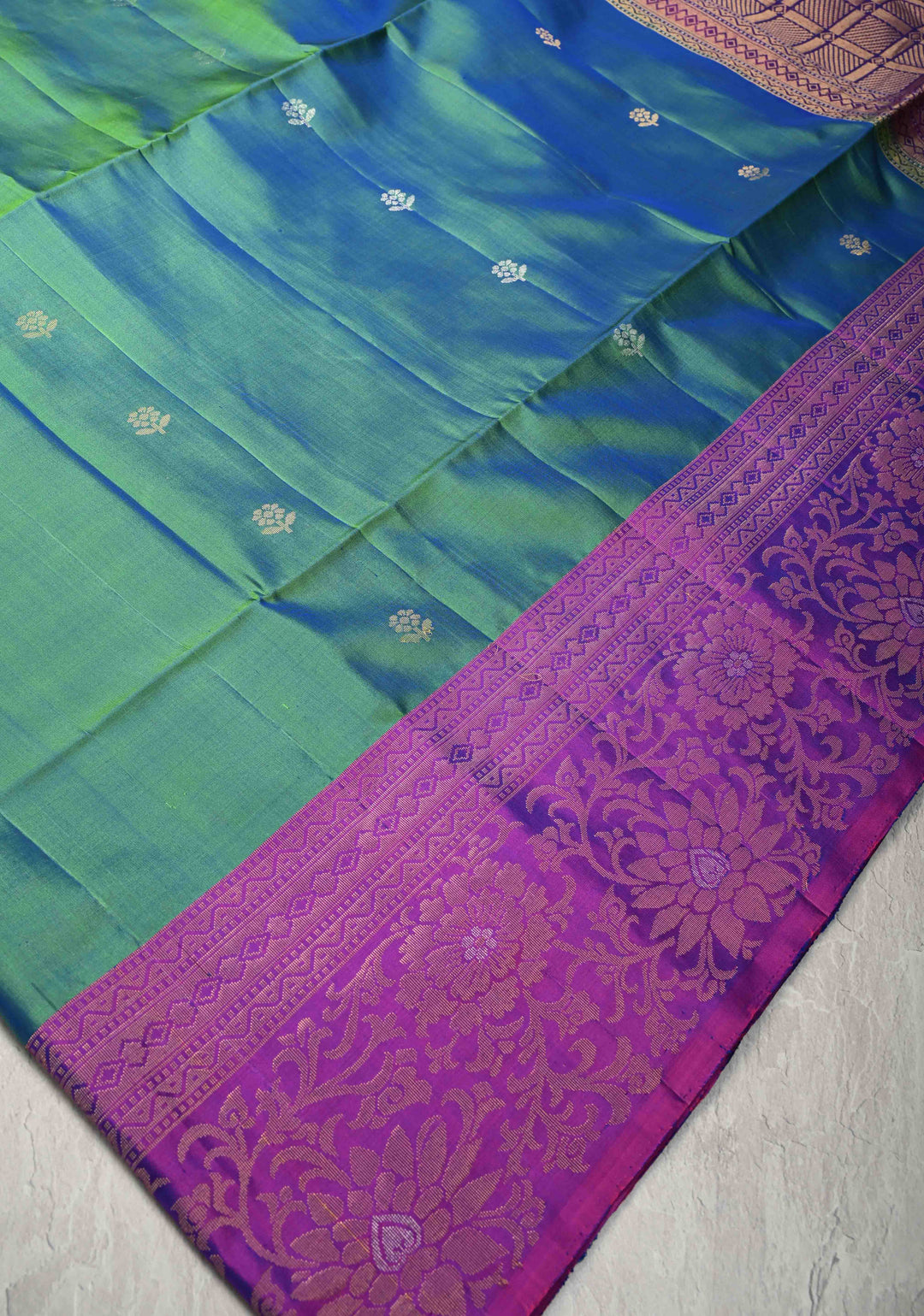 Peacock Blue Green Dual tone Kanjivaram Soft Silk Saree with Resham Buttas and Contrast Purple Border | SILK MARK CERTIFIED