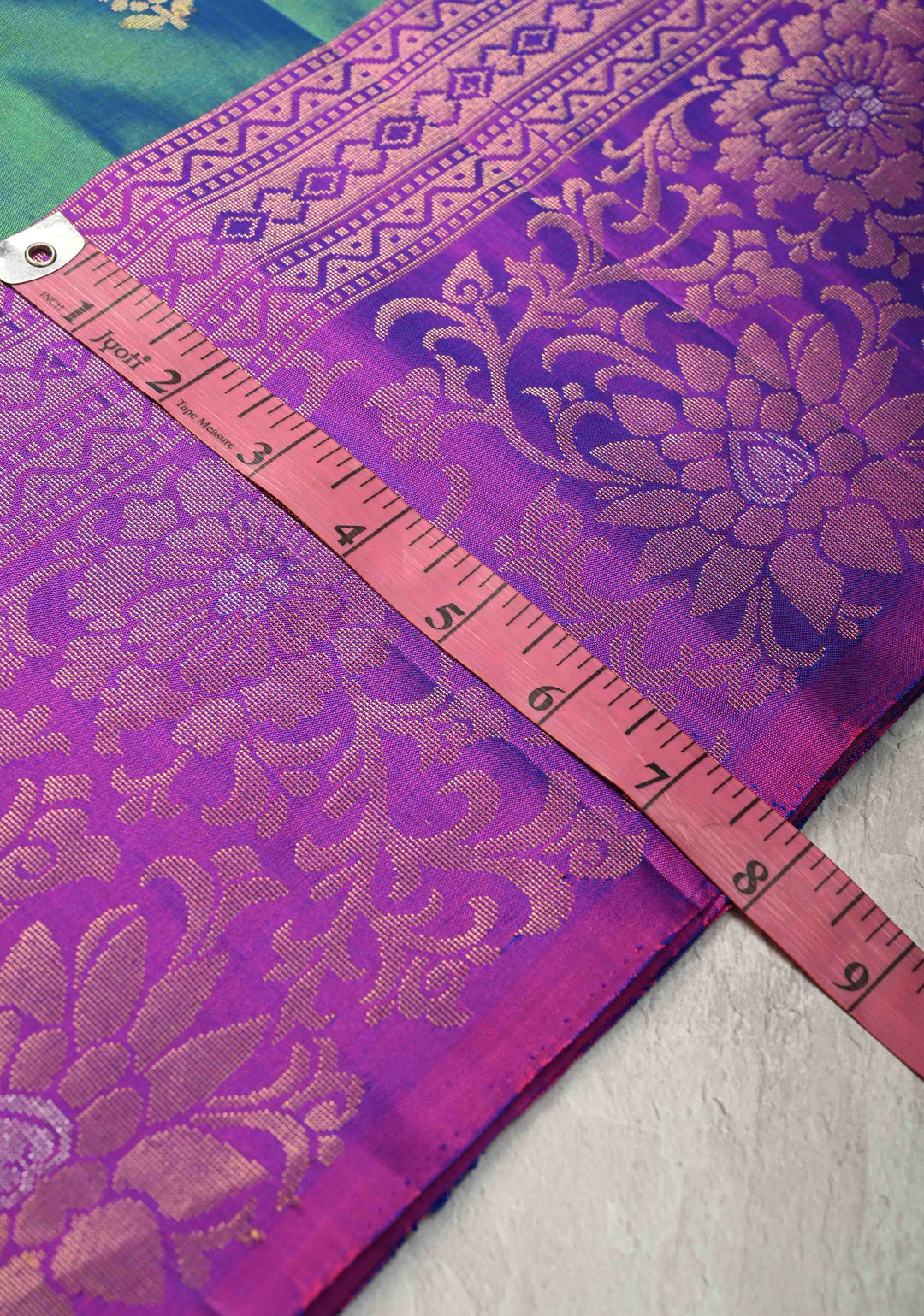 Peacock Blue Green Dual tone Kanjivaram Soft Silk Saree with Resham Buttas and Contrast Purple Border | SILK MARK CERTIFIED